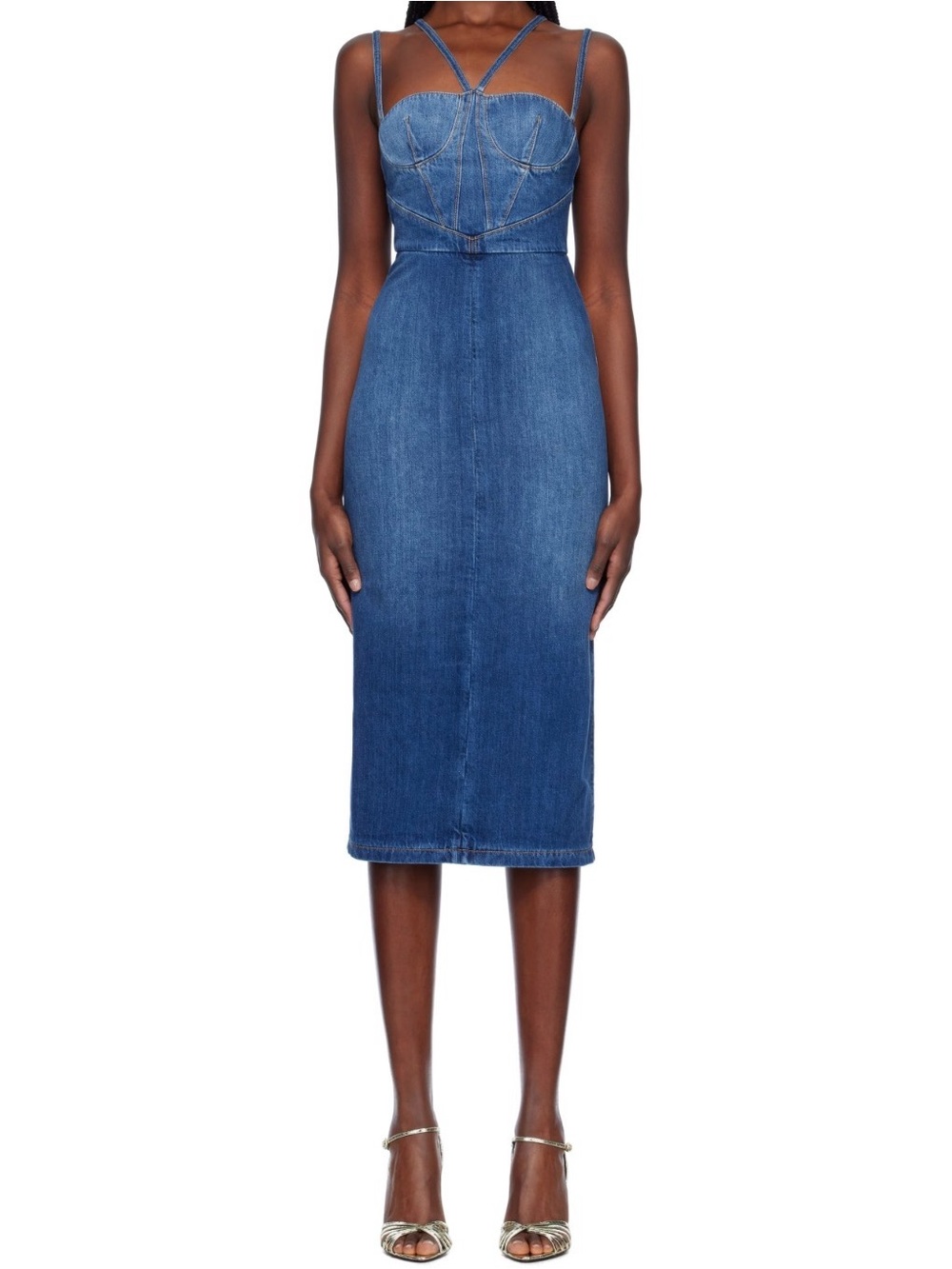 Nensi Dojaka Blue Gaelle Corset Denim Midi Dress Size XS